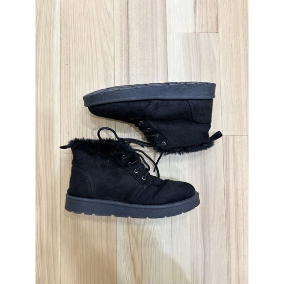 Womens Black Faux Fur Lined Lace-Up Ankle Boots With Chunky Sole Size 9 - Picture 3 of 4